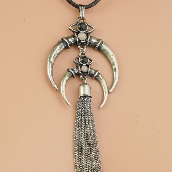 Boho Double Crescent Moon Horn Tassel Necklace Antique Silver Black Cord Gothic - Picture 2 of 5